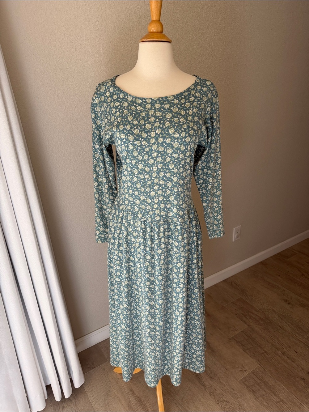 Vintage LL Bean Cotton Blend Floral Drop Waist Long Sleeve Maxi Dress